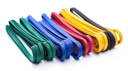 A set of resistance bands for home workouts on a white isolated background