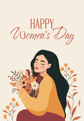 Happy Women's Day. Women's month. Vector spring holiday banner March 8, girl in flowers with text International Women's Day. Feminism, women's empowerment. Illustration for poster, banner, postcard