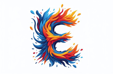 Obraz premium Colorful letter E with swirling orange and blue paint strokes, splashes, on white background. Concept of vibrant energy and creativity