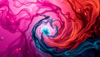 A hypnotic spiral made of layered smoke trails in shades of magenta, teal, and burnt orange, with glowing embers scattered around for a warm, surreal effect