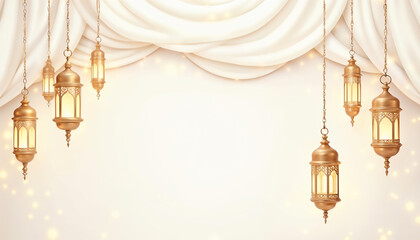 Ramadan kareem nuances vector card with 3d golden metal crescent, stars, lantern lights. Arabic style arch in beige color with traditional pattern, cloth curtain background, copy space.