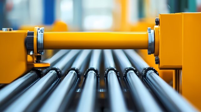 A close-up view of industrial machinery featuring a yellow component and multiple parallel metal pipes.
