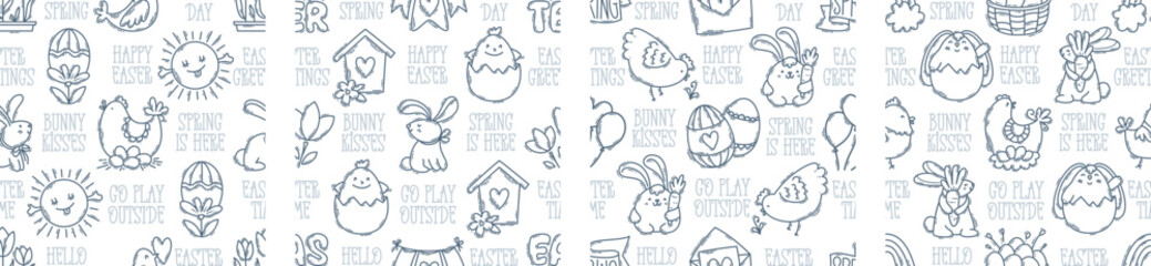 Easter hand-drawn engraving doodle and lettering seamless pattern. Cute black and white spring symbols with double strokes - chickens, rabbits, eggs and flowers © Elena