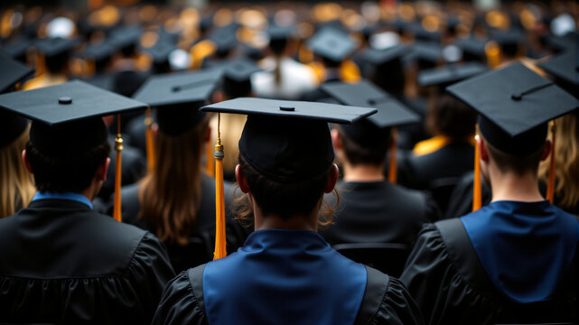 A vibrant graduation ceremony featuring graduates in black caps and gowns, celebrating their achievements.
