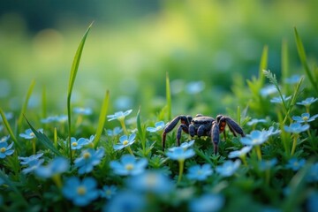 A lush carpet of cyanthillium cinereum in shades of blue and yellow with delicate stems hanging from a grass-like plant, crab spider, grass
