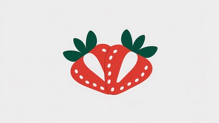 Minimalist Halved Strawberry with Leaf on White Background