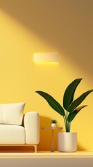 Modern minimalist living room with yellow wall, white sofa and green plant