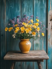 Yellow & purple flowers in vase on rustic table by blue wall
