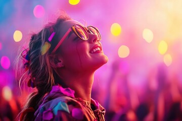Emotional woman in concert smiles through tears listening to favorite song in vibrant light