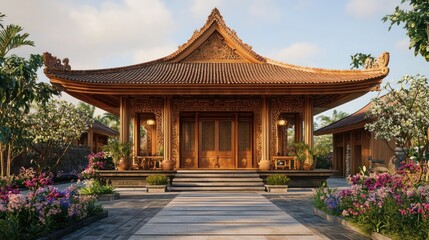 Fototapeta premium Serene Asian Wooden Pavilion: Architectural Marvel in Lush Garden