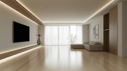 Fototapeta premium Modern living room with led strip lights illuminating sofa and tv
