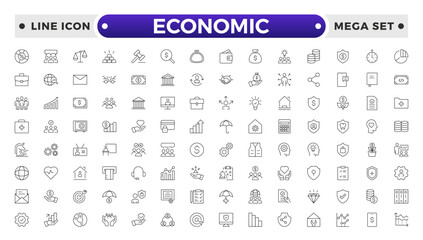 Set of Economic and Insurance line icons. Outline icon collection related to education, insurance, law, government and more. graphs, charts representing market trends, finance analytics.