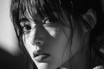 Fototapeta premium Close-up black and white portrait of a woman with deep, reflective eyes and soft lighting.