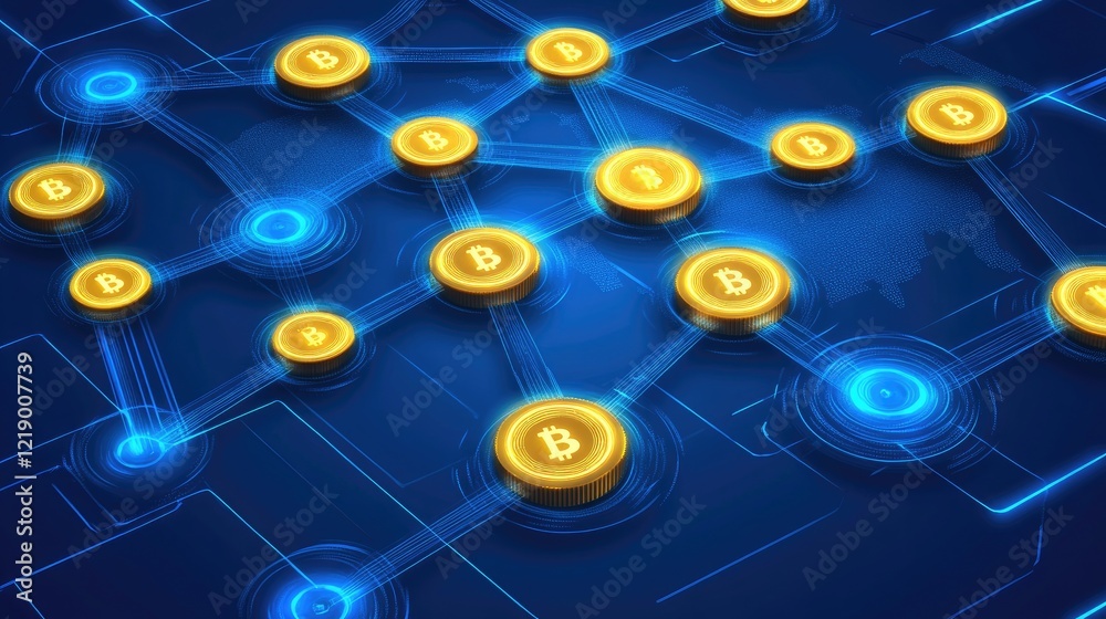 Poster a digital representation of blockchain nodes connecting across a glowing global map.
