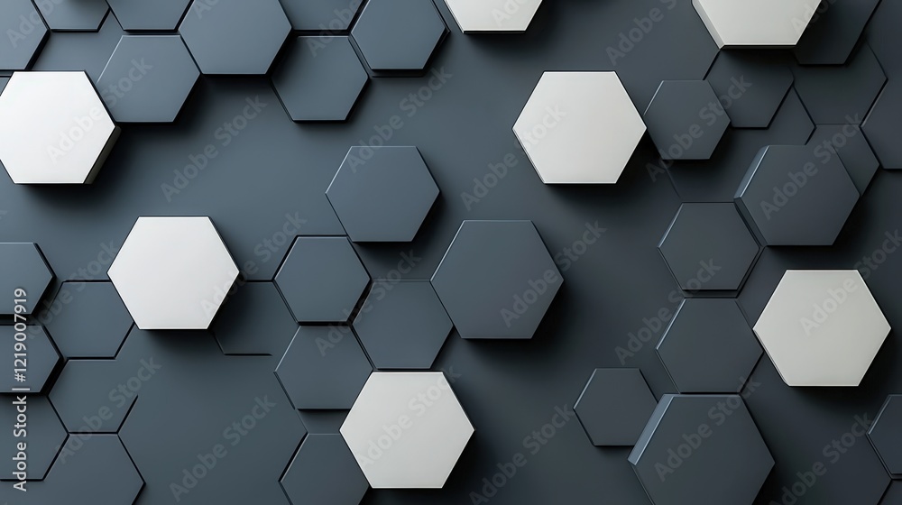 Poster wall covered with numerous white hexagonal tiles creating a geometric pattern