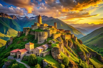 Fototapeta premium Majestic Mutso Fortress, Khevsureti, Georgia: Ancient Stone City Landscape