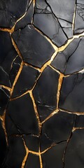 Cracked black and gold textured background with metallic details.
