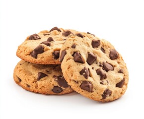 Freshly baked chocolate chip cookies stacked on a white background creating an inviting dessert display