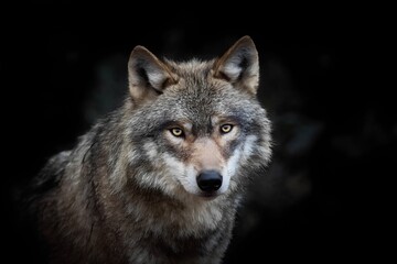 Fototapeta premium A wolf gazes intently with striking eyes, showcasing its thick fur and powerful presence, set against a dark background that enhances its wild and majestic aura.
