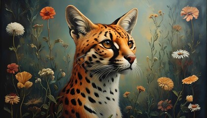 Obraz premium A serval cat with striking fur and large ears stands gracefully among vibrant flowers in a natural setting. Bright floral colors enhance the serene atmosphere in daylight.