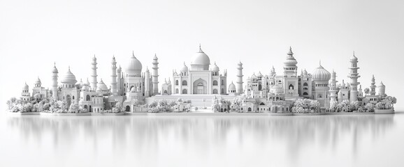 Fototapeta premium Monochromatic architectural model of Taj Mahal and surrounding buildings reflecting in water.
