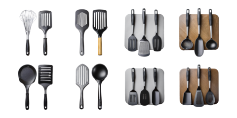 Kitchen Utensils Collection in Black and Wood, PNG collection, set bundle, isolate on transparent or white background
