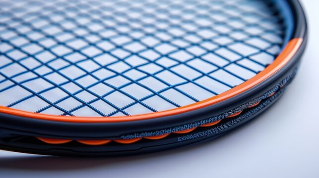 A close-up of a tennis racket with grip tape and a ball on a white isolated background