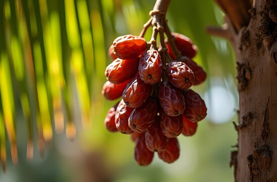 Ultra-realistic close-up of ripe dates hanging from the fronds of a date palm tree. The dates are a deep amber color, with some showing the fine details of wrinkles and texture on their skin. Each dat