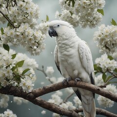 A white parrot sitting on a branch adorned with delicate white flowers.