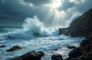 Ultra-realistic image of powerful waves crashing onto the rocks at a rugged beach, with a dramatic, stormy sky above. The ocean is wild, with large waves breaking violently against the jagged rocks, s
