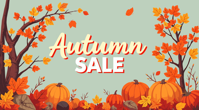 Vector autumn sale banner with pumpkins and colorful leaves on a pastel background