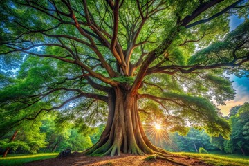Majestic Oak Tree in Lush Forest Landscape - Summer Sunlight