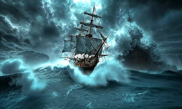 Ancient sailing ship battling monstrous waves during a raging storm at sea.