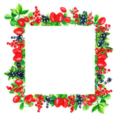 Watercolor wreath on white background. Summer frame black currant, red currant and strawberry. Berries design. Perfect for card, poster, postcard, invitations, wedding, birthday party.