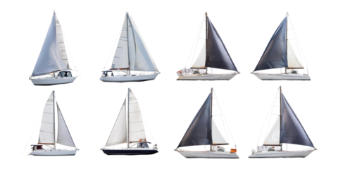 Collection of Sailing Boats with White and Dark Sails, PNG collection, set bundle, isolate on transparent or white background
