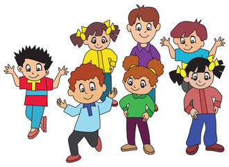 children in the park. Happy Group of Kids Boys and Girls Enjoying Fun Moments Together. Vector Illustration.