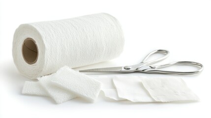 Fototapeta premium A medical bandage roll with scissors and gauze pads on a white isolated background