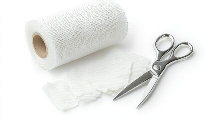 A medical bandage roll with scissors and gauze pads on a white isolated background