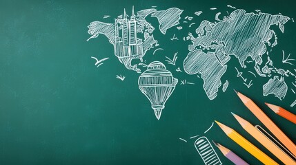 Chalkboard World Map with Colorful Pencils