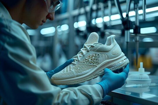 A skilled worker in a lab coat and gloves inspects a newly produced sneaker in a high-tech factory. The environment features advanced equipment and focused lighting, highlighting the craftsmanship