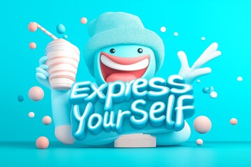 Bright and cheerful character promotes self-expression with drink in hand and vibrant background
