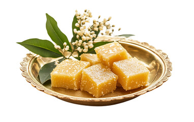 The Perfect Blend: Fresh Jaggery and Neem Flowers on Brass Isolated on transparent background.