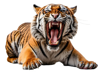 Fototapeta premium Fierce Tiger Growling with Open Mouth and Sharp Claws Isolated on Transparent Background 