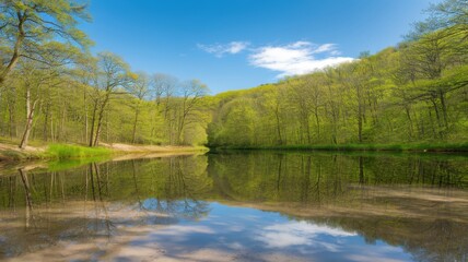 Obraz premium Serene landscape with clear blue sky reflected in a calm lake surrounded by lush green trees, capturing the beauty of nature in early spring.