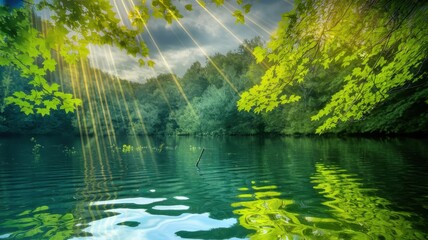 Fototapeta premium A serene lake surrounded by lush, green trees, with sunlight streaming through the leaves, creating a tranquil and peaceful atmosphere.