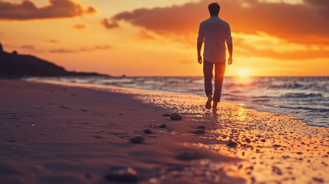 A man walks alone on a beach at sunset, leaving footprints in the sand as waves gently lap at the shore