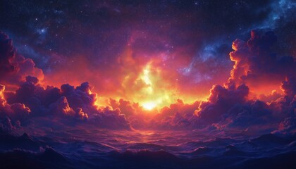 Projection Mapping Fiery Sunset Clouds Over Ocean at Night