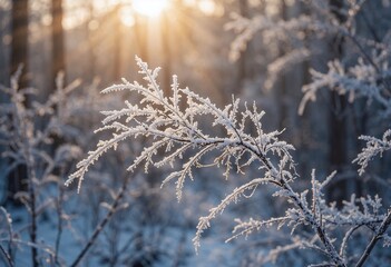 Sunlight filters through frosty trees, illuminating branches covered with delicate ice crystals in a serene winter forest.