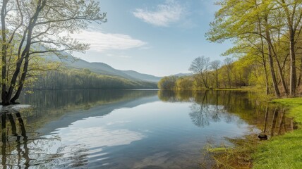 Serene landscape with calm waters reflecting trees and mountains under a clear blue sky in the early morning light.