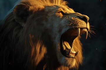 Naklejka premium A roaring lion, with its mouth open and fangs visible against a black background.
